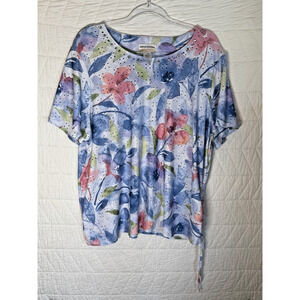 Alfred Dunner Shirt Womens 2X Floral Print 3/4 Sleeve Blouse embroidered